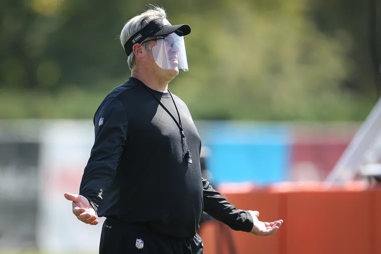 Eagles head coach Doug Pederson wears a face shield during the Philadelphia Eagles practice at the NovaCare Complex in Philadelphia, Pa. on September 23, 2020. The Eagles will play the Bengals on Sunday.