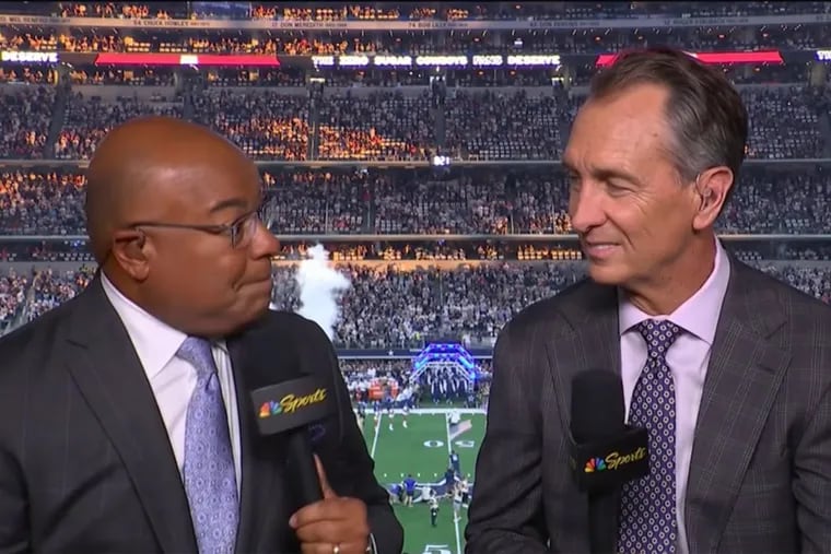 NBC "Sunday Night Football" announcers Mike Tirico (left) and Cris Collinsworth during Buccaneers-Cowboys.