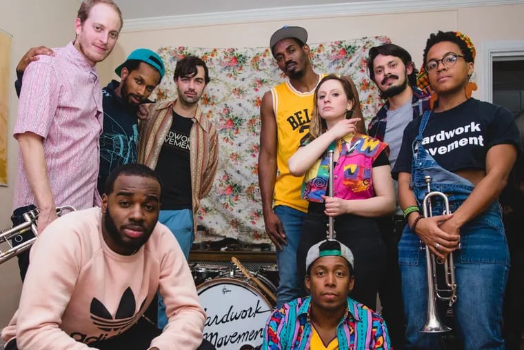 the West Philadelphia band Hardwork Movement, who are playing the SXSW Music Festival this week. Top (from left to right): Marty Gottlieb-Hollis, Sterling Duns, Jeremy Prouty, Rick Banks, Dani Gershkoff, Angel Ocana, Becca Graham.  Front (from left to right): RB Ricks, Jeremy Keys.
