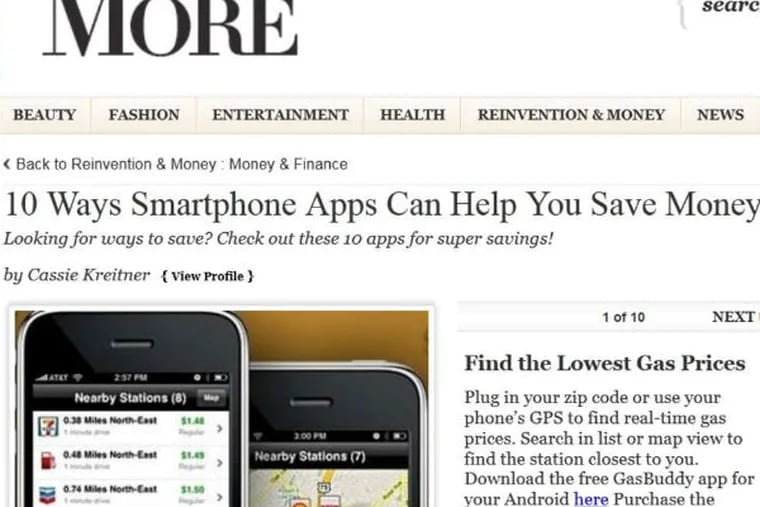 Women's site More.com has a post by finance writer Cassie Kreitner on ways smartphone apps save money.