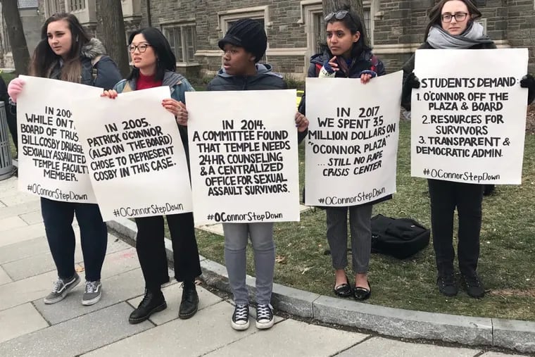 Temple students call for the resignation of board president Patrick O’Connor, the removal of his name from a new plaza and the establishment of an on-campus rape-crisis center.
