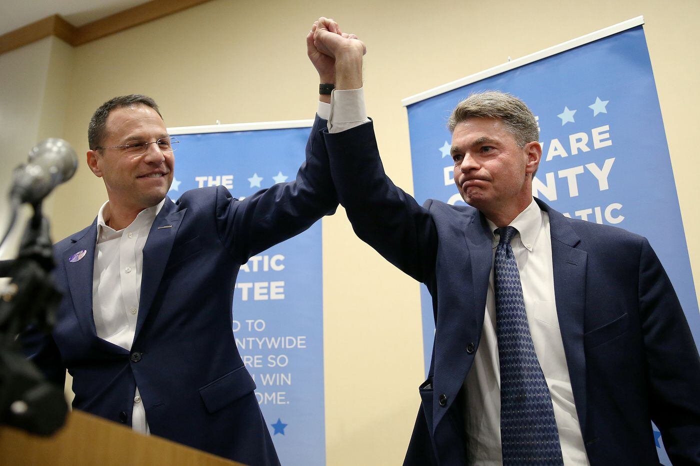 Pennsylvania Attorney General Josh Shapiro, left, introduces Delaware County district attorney candidate Jack Stollsteimer during the Delaware County Democratic Committee's election watch party at the Inn at Swarthmore in Swarthmore Pa., on Tuesday, Nov. 5, 2019.