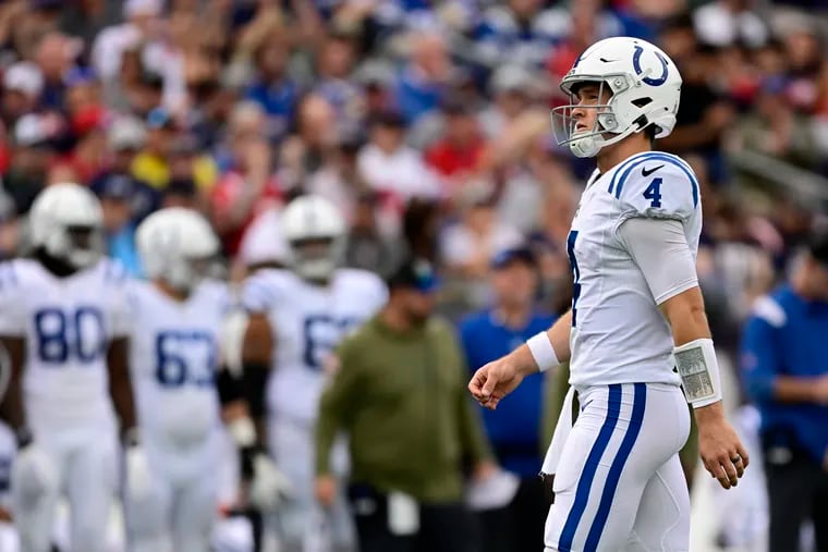 ACTION NETWORK USE ONLY - Sam Ehlinger #4 of the Indianapolis Colts reacts in the second quarter of a game \anew at Gillette Stadium on November 06, 2022 in Foxborough, Massachusetts. (Photo by Billie Weiss/Getty Images)