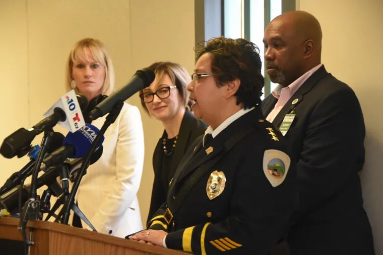 Camden County Jail warden Karen Taylor speaks at a press conference announcing the expansion of the jail's medication-assisted treatment program while Camden County freeholder Jon Young (far right), Project HOPE medical director Lynda Bascelli (left) and jail population manager Sharon Bean (far left) look on.