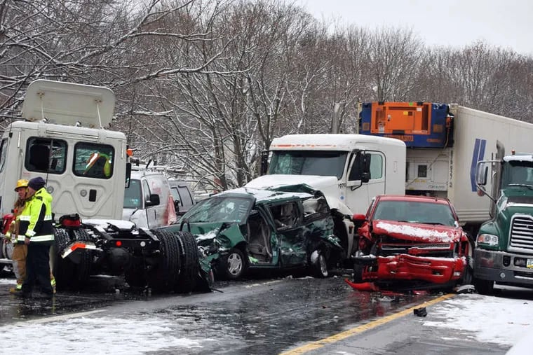 Wreckage on I-78 near Exit 40 in Berks County after an accident reported at 8:45 a.m., when snow was falling hard.
