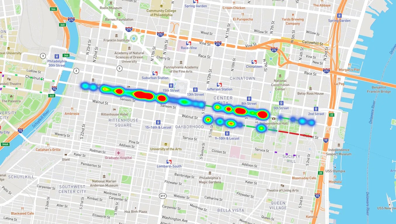This heatmap represents bus lane violations observed by a cameras aboard seven Route 21 and Route 42 buses between May 25 and June 8. The test buses recorded 679 incidences of illegal parking in bus-only lanes.