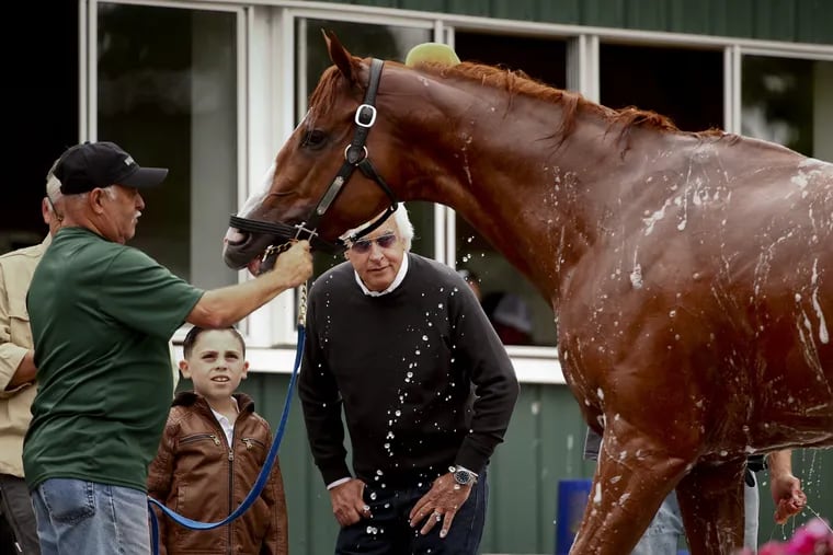 Trainer Bob Baffert, right, watches as Triple Crown hopeful Justify is bathed after a workout at Belmont Park, Thursday, June 7, 2018, in Elmont, N.Y. Justify will attempt to become the 13th Triple Crown winner when he races in the 150th running of the Belmont Stakes horse race on Saturday. (AP Photo/Peter Morgan) 