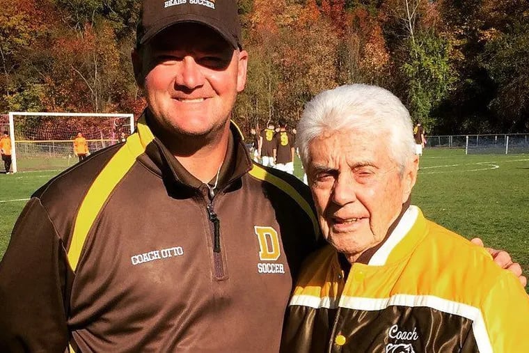 Current Delran High School soccer coach Mike Otto (left) and former coach John Hughes, a local legend in the sport who died recently at age 91.