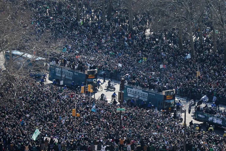 Buses holding players, coaches, and team staff reach the Philadelphia Museum of Art during the Eagles’ Super Bowl parade last February.