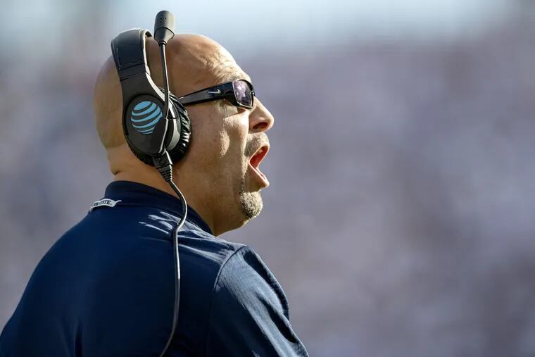 Penn State head coach James Franklin reacts after a penalty call during action against Michigan State at Beaver Stadium in University Park, Pa., on Saturday, Oct. 13, 2018. The visiting Spartans won, 21-17.