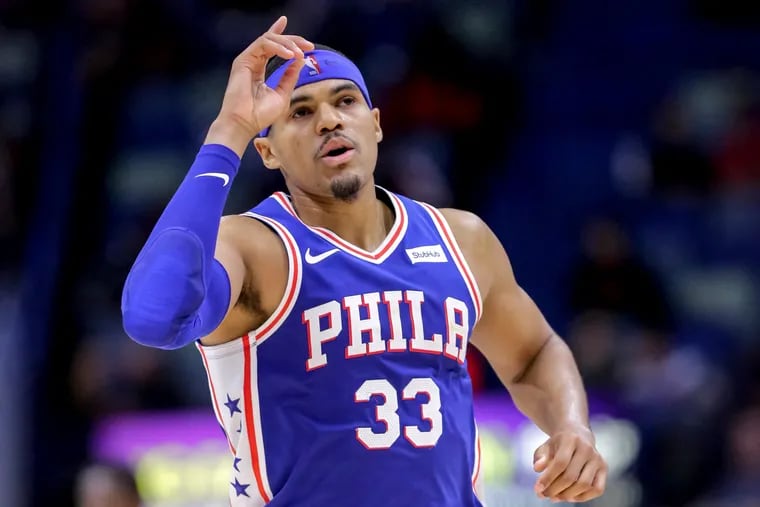 Tobias Harris celebrates after sinking a three-point basket against the Pelicans in the second half.
