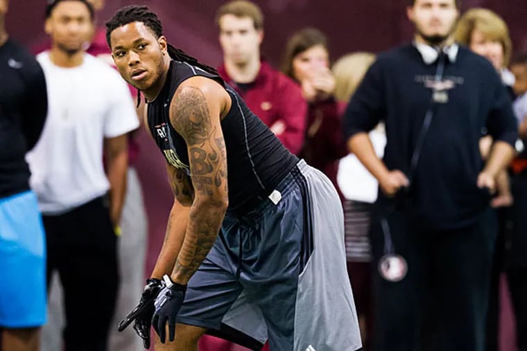 Wide Receiver Kelvin Benjamin lines up during NFL football Pro Day at Florida State University on Tuesday, March 18, 2014, in Tallahassee, Fla. (Colin Hackley/AP)