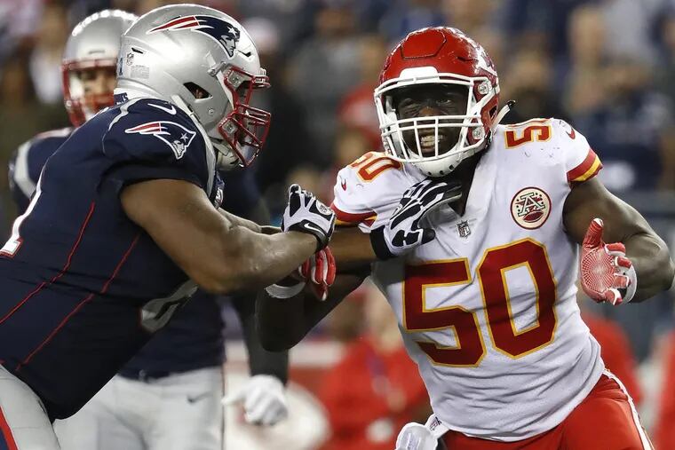 The Eagles will have to contain the pass rush of Chiefs linebacker Justin Houston, here working against the Patriots on opening night.