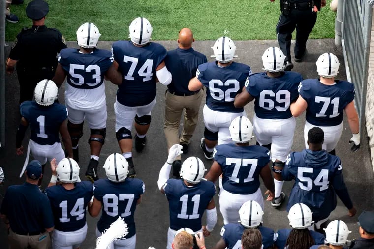 Penn State head coach James Franklin leads the Nittany Lions onto the field for last week's game against Idaho in State College.