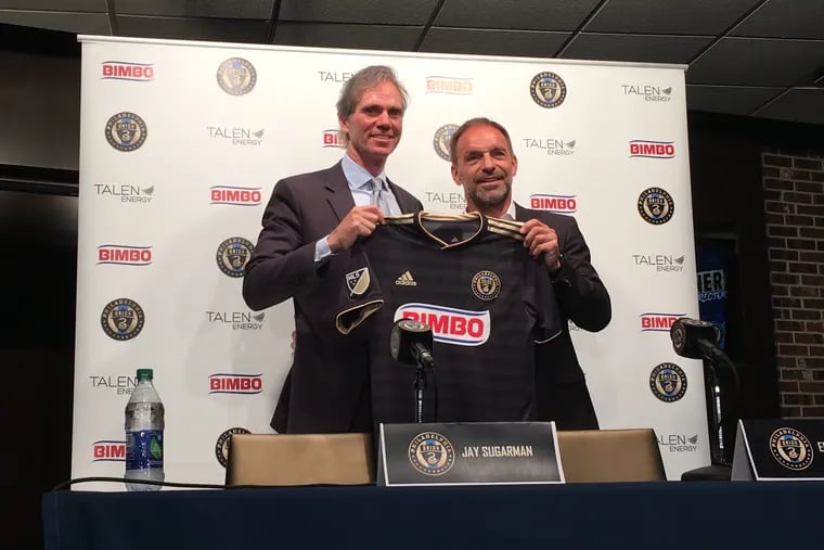 Philadelphia Union owner Jay Sugarman (left) with new sporting director Ernst Tanner at an introductory press conference at Talen Energy Stadium.