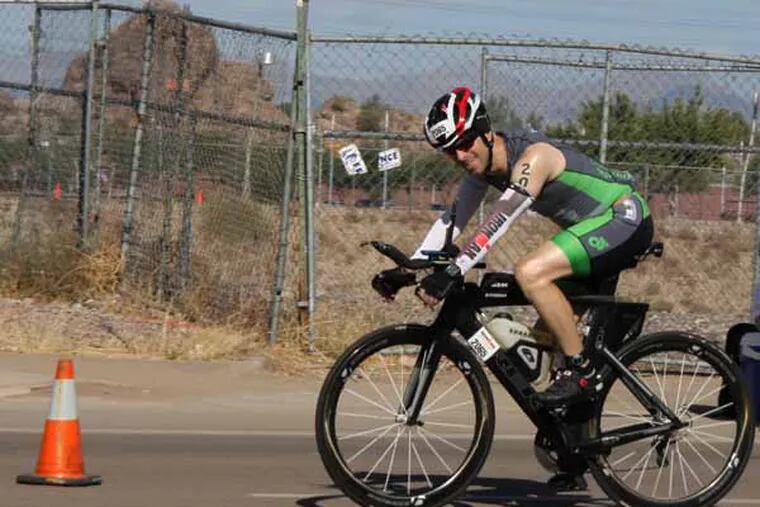 Derek Fitzgerald, 40, of Harleysville, PA, competes in the Ironman Arizona on Nov. 17. He was one of five heart transplant recipients entered, calling themselves Team Tin Men. Courtesy Derek Fitzgerald.