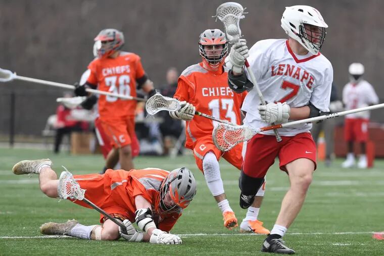 Zach Cole (7) led Lenape to a 14-8 win over Cherokee in the boys’ lacrosse season opener for both teams.