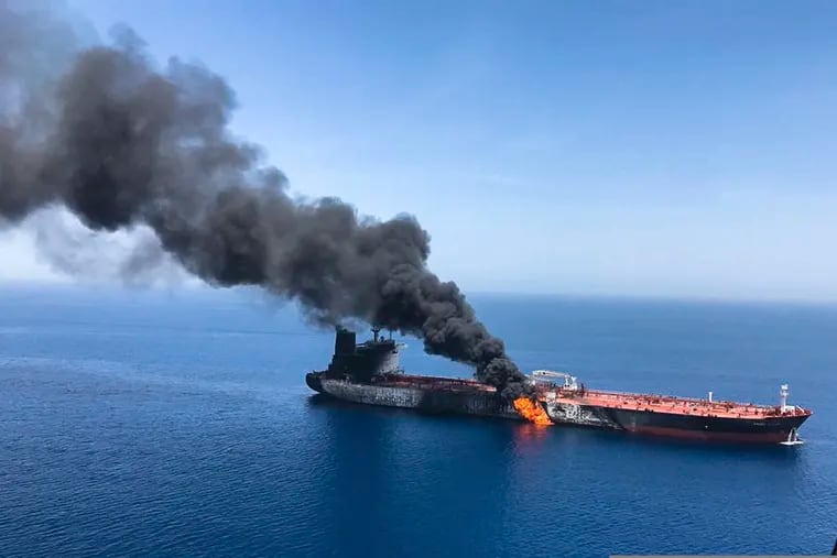 An oil tanker is on fire in the sea of Oman, Thursday, June 13, 2019. Two oil tankers near the strategic Strait of Hormuz were reportedly attacked on Thursday, an assault that left one ablaze and adrift as sailors were evacuated from both vessels and the U.S. Navy rushed to assist amid heightened tensions between Washington and Tehran.