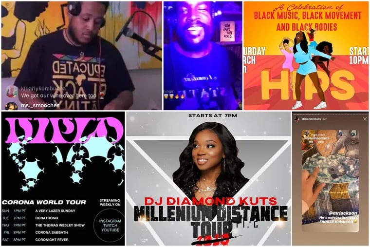 Flyers and screenshots from livestreamed DJ sets, which featured the sounds of DJs with Philly ties: DJ Diamond Kuts, Questlove, Diplo and Bobby Flowers