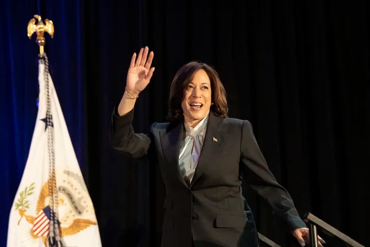 Vice President Kamala Harris is welcomed on June 6, 2023, during a moderated conversation with the international executive board for SEIU, the service employees union in Philadelphia.
