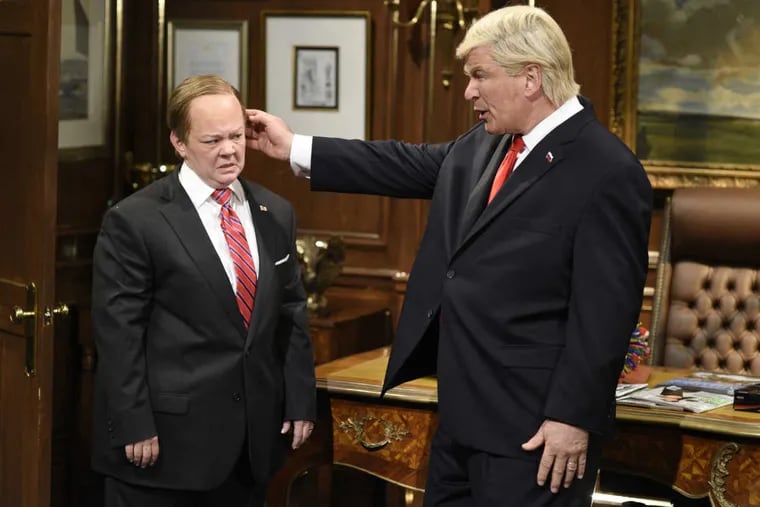Melissa McCarthy (left) as White House Press Secretary Sean Spicer, and Alec Baldwin as President Trump, on &quot;Saturday Night Live last weekend.