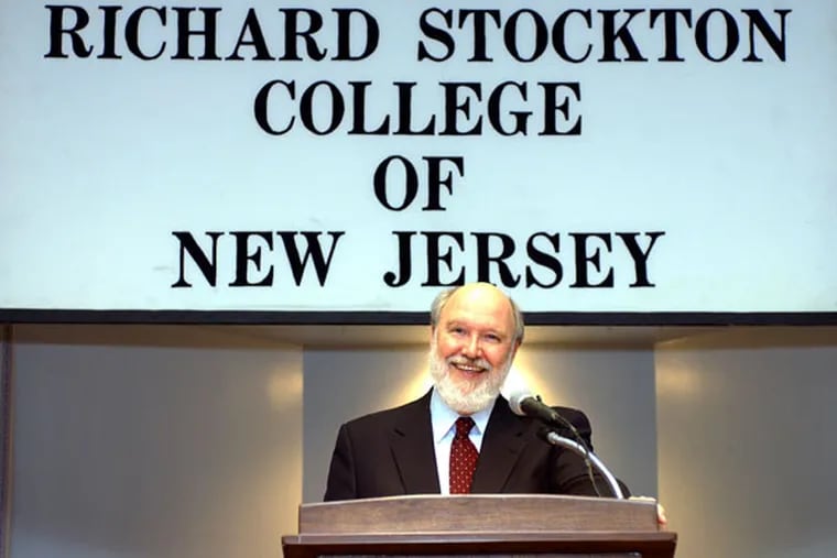 In this Thursday, March 6, 2003, file photograph, Herman J. Saatkamp Jr. addresses a crowd after he was named president of Stockton University. (AP Photo/Mary Godleski, file)