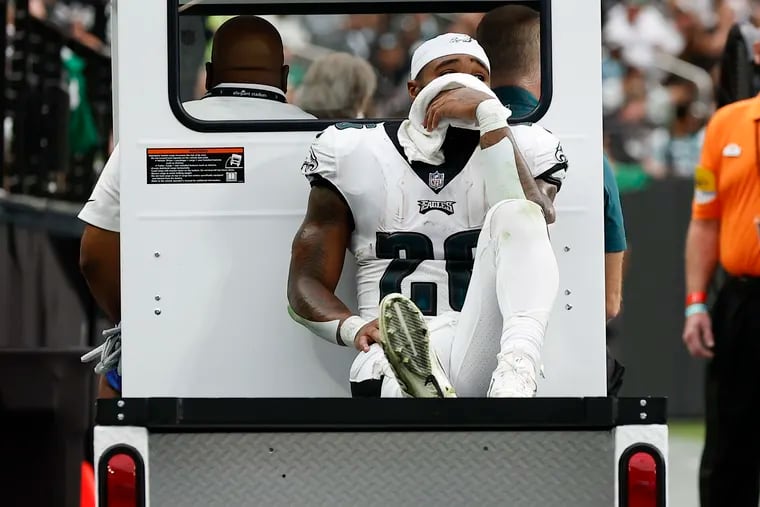 Eagles running back Miles Sanders gets carted off the field after getting injured in the first quarter against the Las Vegas Raiders on Sunday, October 24, 2021 in Las Vegas.
