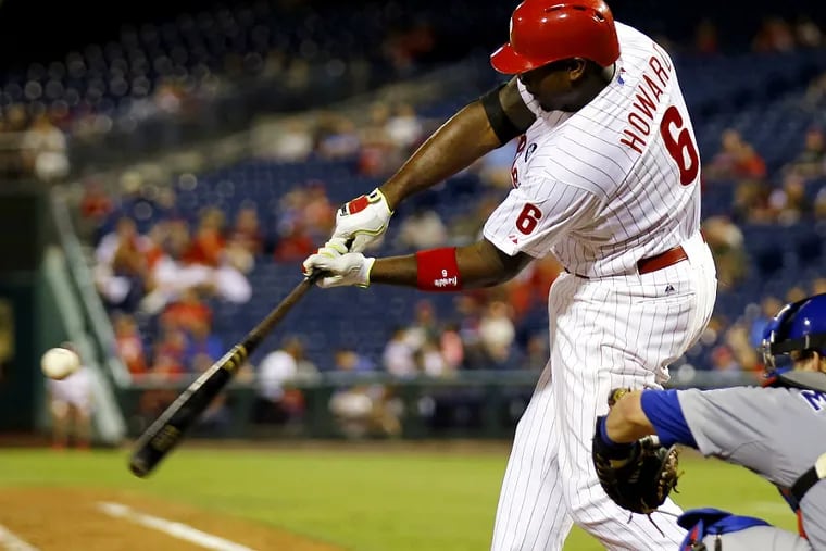 Phillies' Ryan Howard hits a seventh-inning double against the Chicago Cubs in game two of a doubleheader on Friday, September 11, 2015 in Philadelphia.