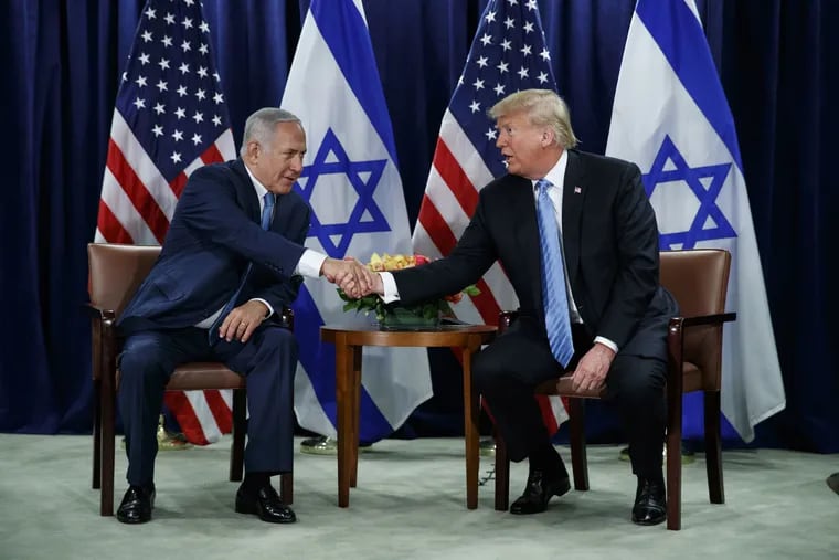 President Donald Trump shakes hands with Israeli Prime Minister Benjamin Netanyahu at the United Nations General Assembly, Wednesday, Sept. 26, 2018, at U.N. Headquarters.