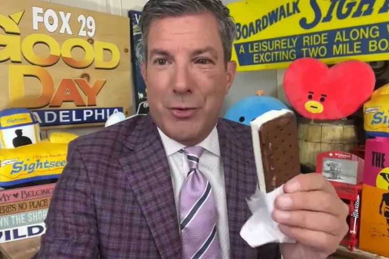 Fox 29 traffic anchor Bob Kelly, seen here last week celebrating National Ice Cream Sandwich Day.