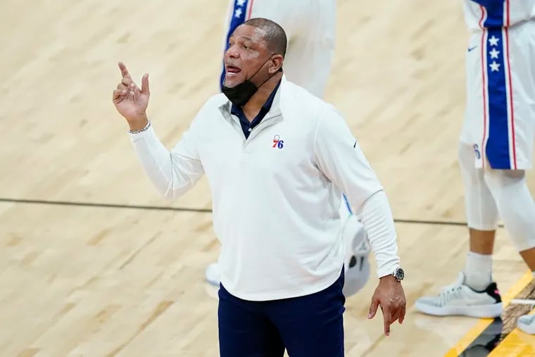 76ers head coach Doc Rivers makes a point to his players during the first half of Saturday's game.