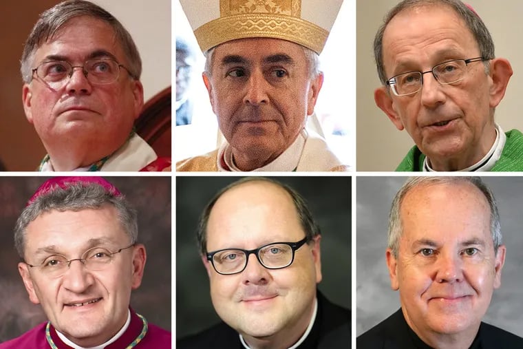The current six bishops from dioceses at the center of a grand jury investigation include: (top row from left) Allentown Bishop Alfred A. Schlert, Harrisburg Bishop Ronald Gainer and Erie Bishop Lawrence Persico. (Bottom row from left) Pittsburgh Bishop David Allen Zubik; Greensburg Bishop Edward Malesic and Scranton Bishop Joseph C. Bambera.