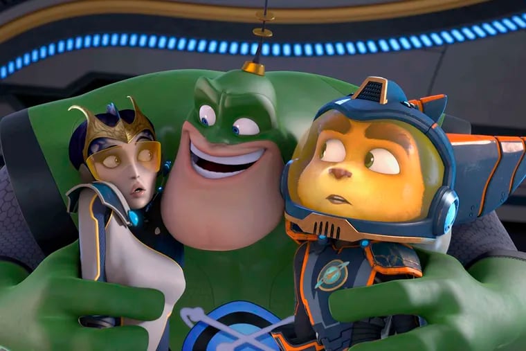 Characters in "Ratchet & Clank," based on a PlayStation game, are (from left) Elaris (voiced by Rosario Dawson), Capt. Qwark (Jim Ward), and Ratchet, a young lombax (James Arnold Taylor).