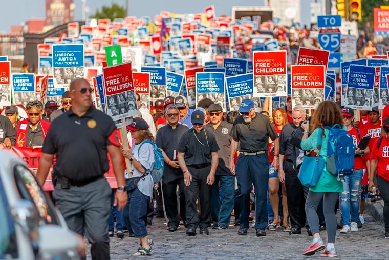 Thousands of union members, including building trades members, march in the summer of 2018 against the separation of immigrant families. But nearly a year later, building trades unions pushed for a bill that advocates called "anti-immigrant."