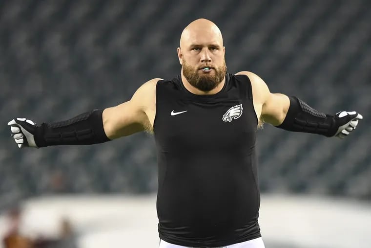 Philadelphia Eagles right tackle Lane Johnson stretches before a game in October.