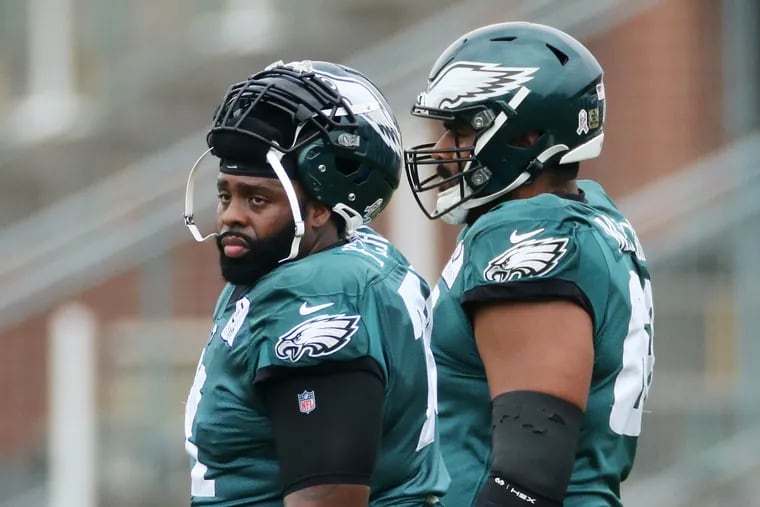 Eagles tackles Jason Peters (71) and Jordan Mailata (68) during practice at the NovaCare Complex in South Philadelphia on Wednesday, Oct. 28, 2020.
