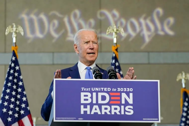 Democratic presidential nominee Joe Biden speaks Sunday at the National Constitution Center in Philadelphia.
