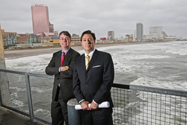 Developers Thomas Stenger (left) and Christopher DiGeorge want to build a 50-story hotel-condominium in Atlantic City. Their $300 millionproposal, tentatively called the Prasada, also calls for restaurants, indoor pools and cabana units at the Boardwalk site - but no casinos.