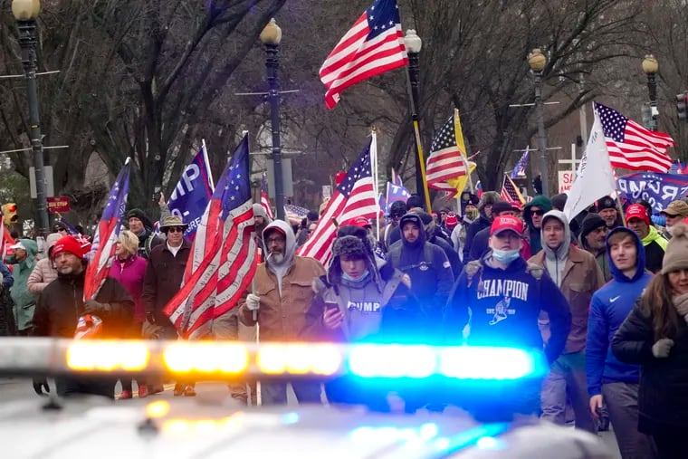 Thousands of Trump supporters march toward the U.S. Capitol in Washington on Jan. 6, 2021.