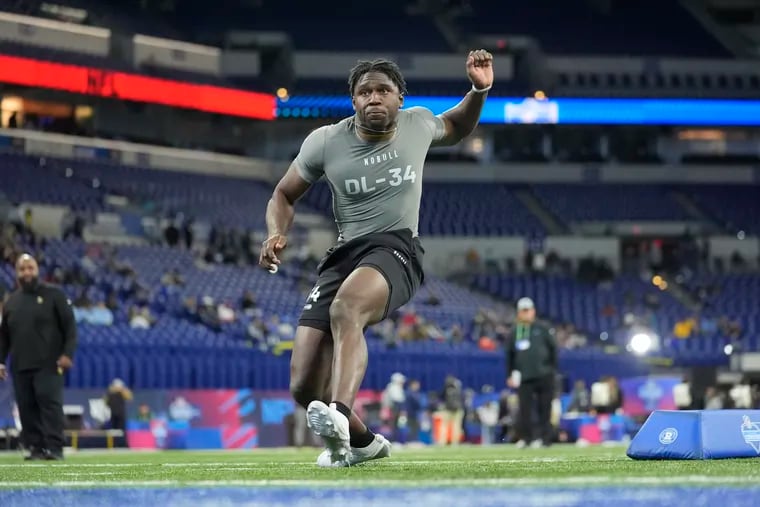 Jalyx Hunt, shown during a drill at the NFL Scouting Combine, is an edge rusher out of Houston Christian. The Eagles drafted him in the third round.