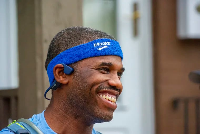 Firefighter Asante Wilson, 39, prepares for an estimated 25-mile run of the Camden border in support of a multistate charity run for first responders that started Saturday in Maine. He'll join them this week in New York City.