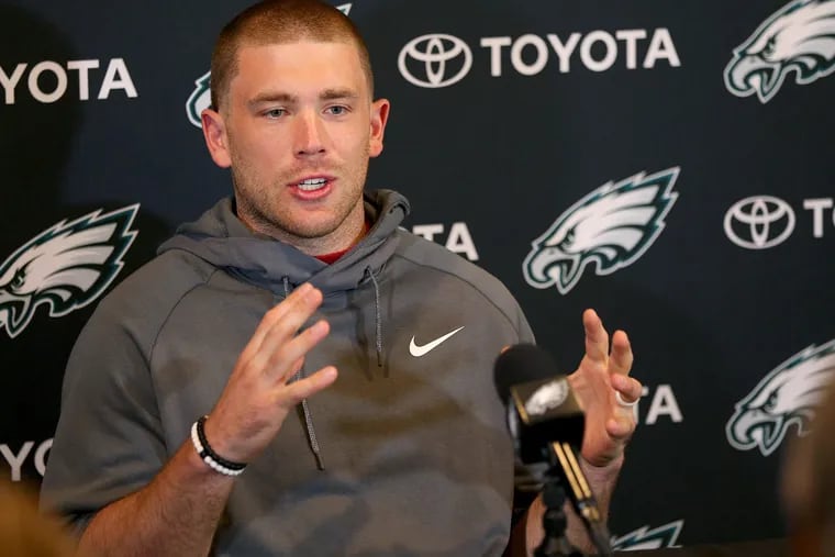<p>Eagles tight end Zach Ertz speaks during a news conference at the NovaCare Complex in South Philadelphia on Tuesday, April 17, 2018. TIM TAI / Staff Photographer</p>
