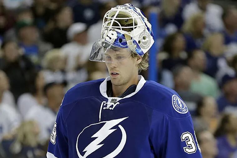 Lightning goalie Anders Lindback (39), of Sweden, during the third period of an NHL hockey game against the Toronto Maple Leafs Tuesday, April 8, 2014, in Tampa, Fla. (Chris O'Meara/AP)