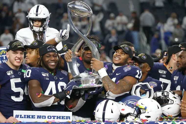 Penn State players celebrate following their 53-39 win over Memphis in the Cotton Bowl on Dec. 28, 2019. The Lions hope their season starts on time this year.