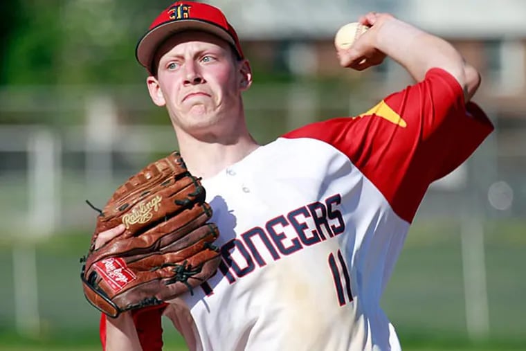 Frankford High School's Tim DiGiorgio pitches during the seventh Inning of a game against Washington High School. Frankford High School defeated Washington High School 7-4 on Friday, May 17.(Akira Suwa /  Staff Photographer)