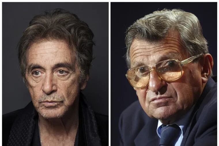 In this combination photo, actor Al Pacino, left, appears during a photo shoot in New York on Dec. 7, 2012  and Penn State football coach Joe Paterno pauses during a media day press conference at Beaver Stadium in State College, Pa., on Aug. 8, 2004. Pacino will star as late Penn State football coach in an upcoming HBO film directed by Barry Levinson. HBO says the film will focus on Paterno dealing with the fallout from the child sex abuse scandal involving his former assistant, Jerry Sandusky.