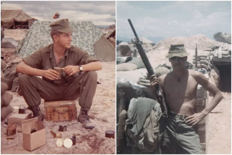 Marine Bill Ehrhart (left) and Army helicopter chief Ron Ferrizzi during their tours of duty in Vietnam. The two are among those looking back on their experiences in the Ken Burns and Lynn Novick documentary miniseries “The Vietnam War,” which begins Sunday on PBS.