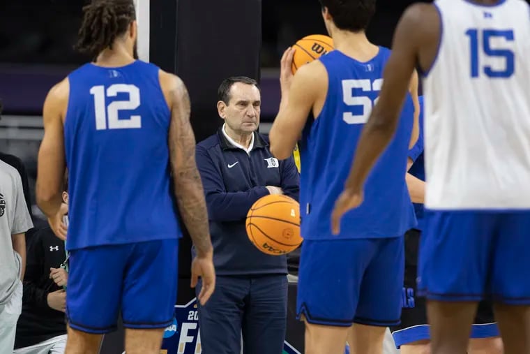 Duke Coach Mike Krzyzewski watches his team during a public practice before the Final Four of the NCAA Tournament on  April 1, 2022 at the Superdome in New Orleans.