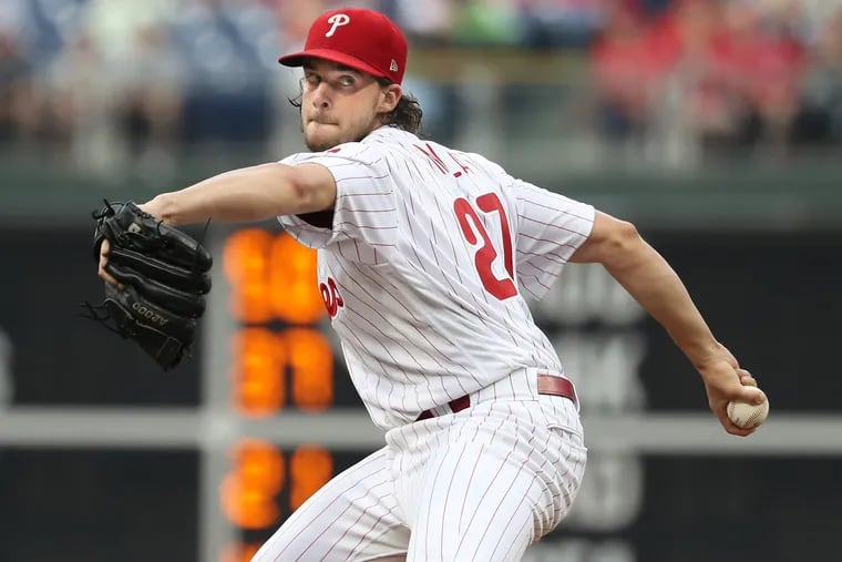 Aaron Nola of the Phillies pitches against the Mets at Citizens Bank Park on August 17, 2018.