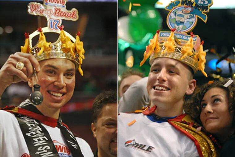 Jonathan "Super" Squibb (left), winner of two amateurs-only Wing Bowls, could face pros such as three-time champ Joey Chestnut on Feb. 4 -- unless eating-league agreements say no.